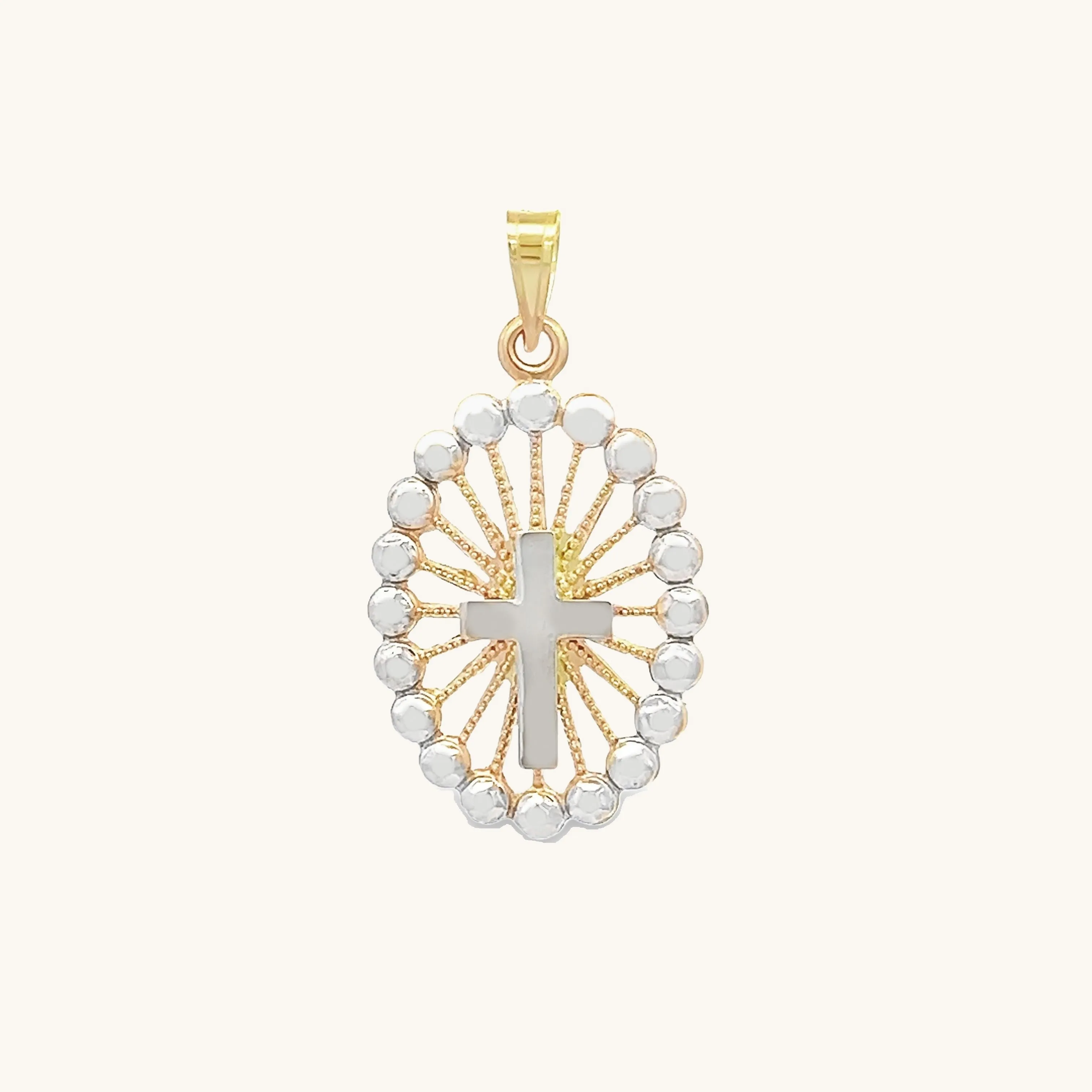 SOLID 14K GOLD CROSS BEADED FRAME MEDAL | OVAL