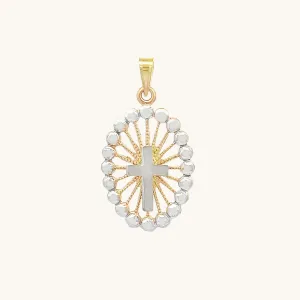 SOLID 14K GOLD CROSS BEADED FRAME MEDAL | OVAL