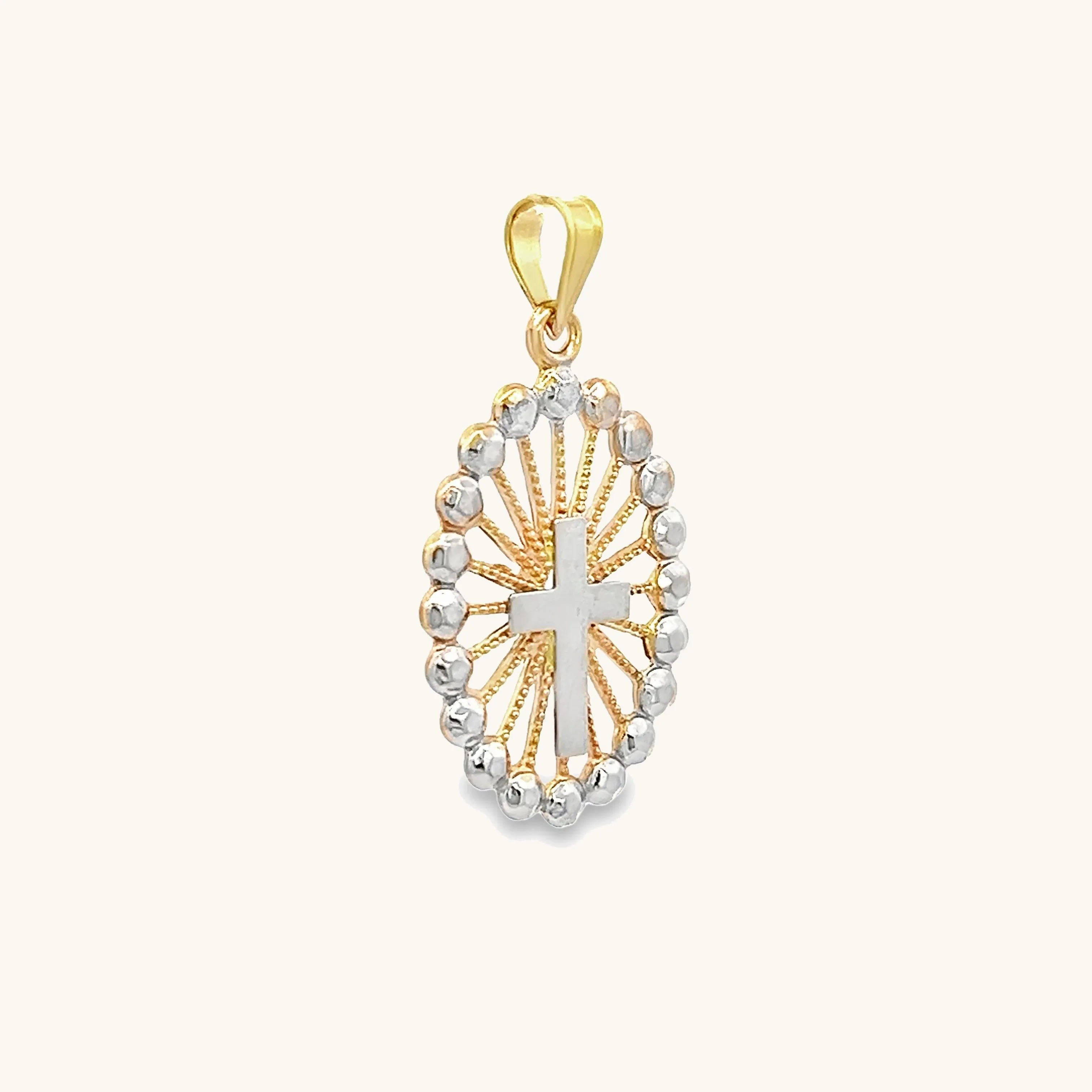 SOLID 14K GOLD CROSS BEADED FRAME MEDAL | OVAL