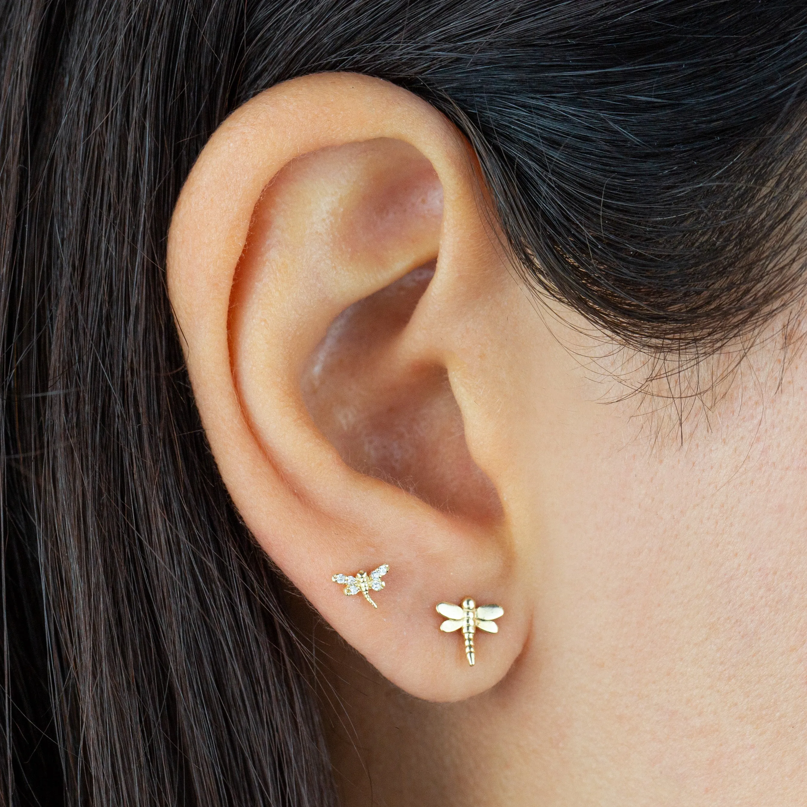 Solid Dragonfly Stud Earring 14K