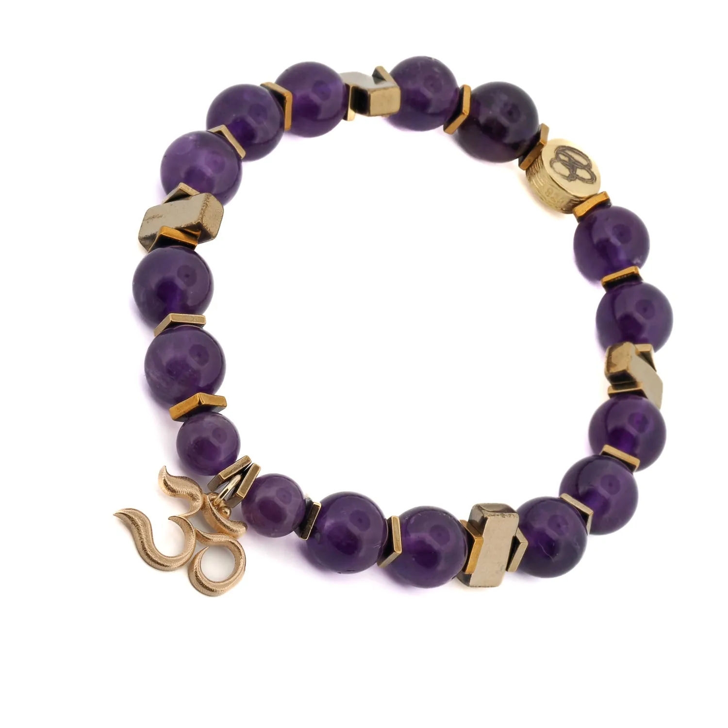 Solid Gold Om Mantra Charm Healing Amethyst Stone Beaded Bracelet