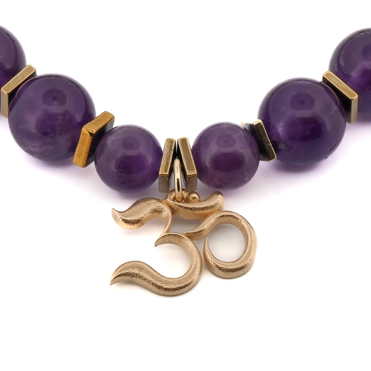Solid Gold Om Mantra Charm Healing Amethyst Stone Beaded Bracelet