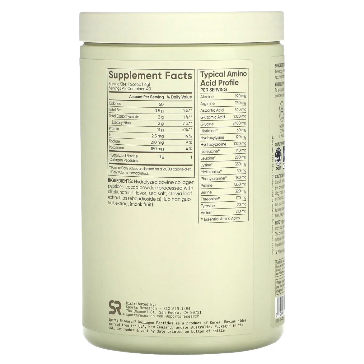 Sports Research Collagen Peptides Dark Chocolate 22.58 oz (640 g) EXP Apr 2027