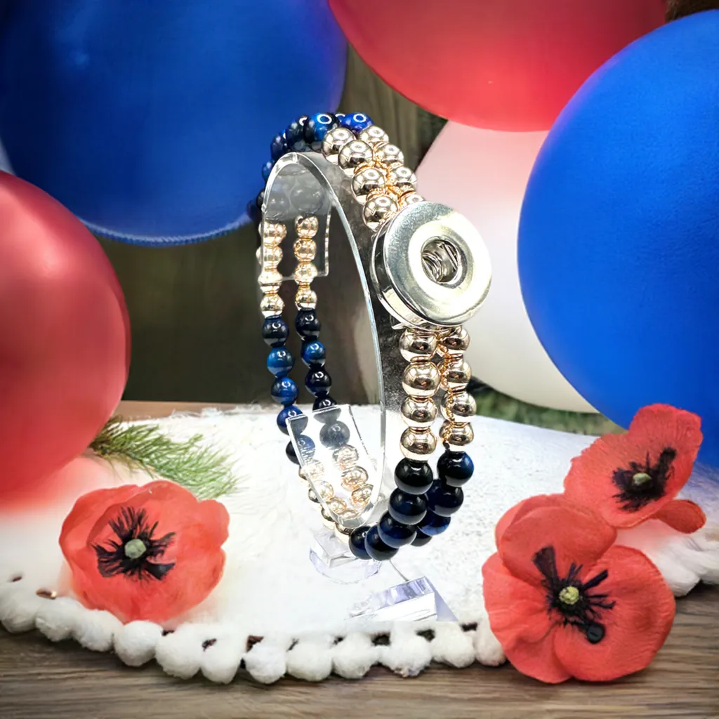 Statement Deep Blue & Rose Gold Cats Eye Beaded Stretch Bracelet