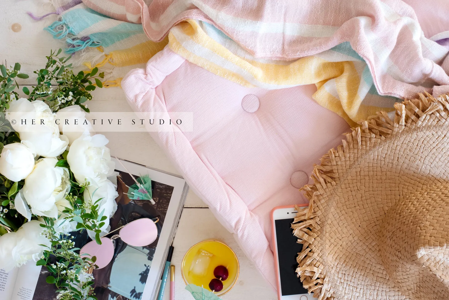 Sun Hat, Glasses & White Peonies. Digital Image