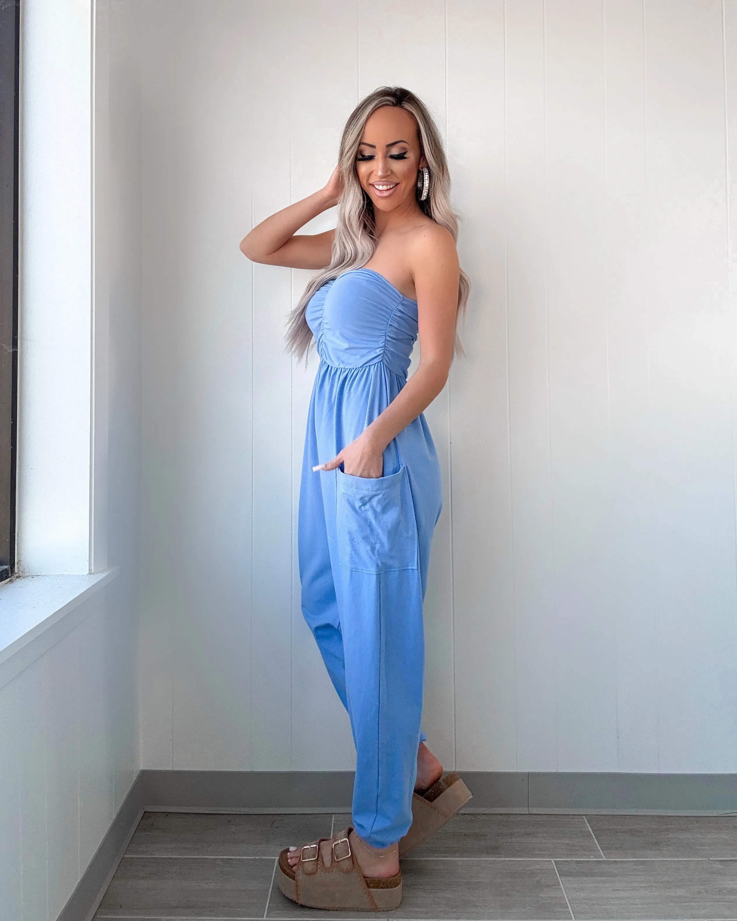 Sweetheart Ruched Jogger Jumpsuit - Blue