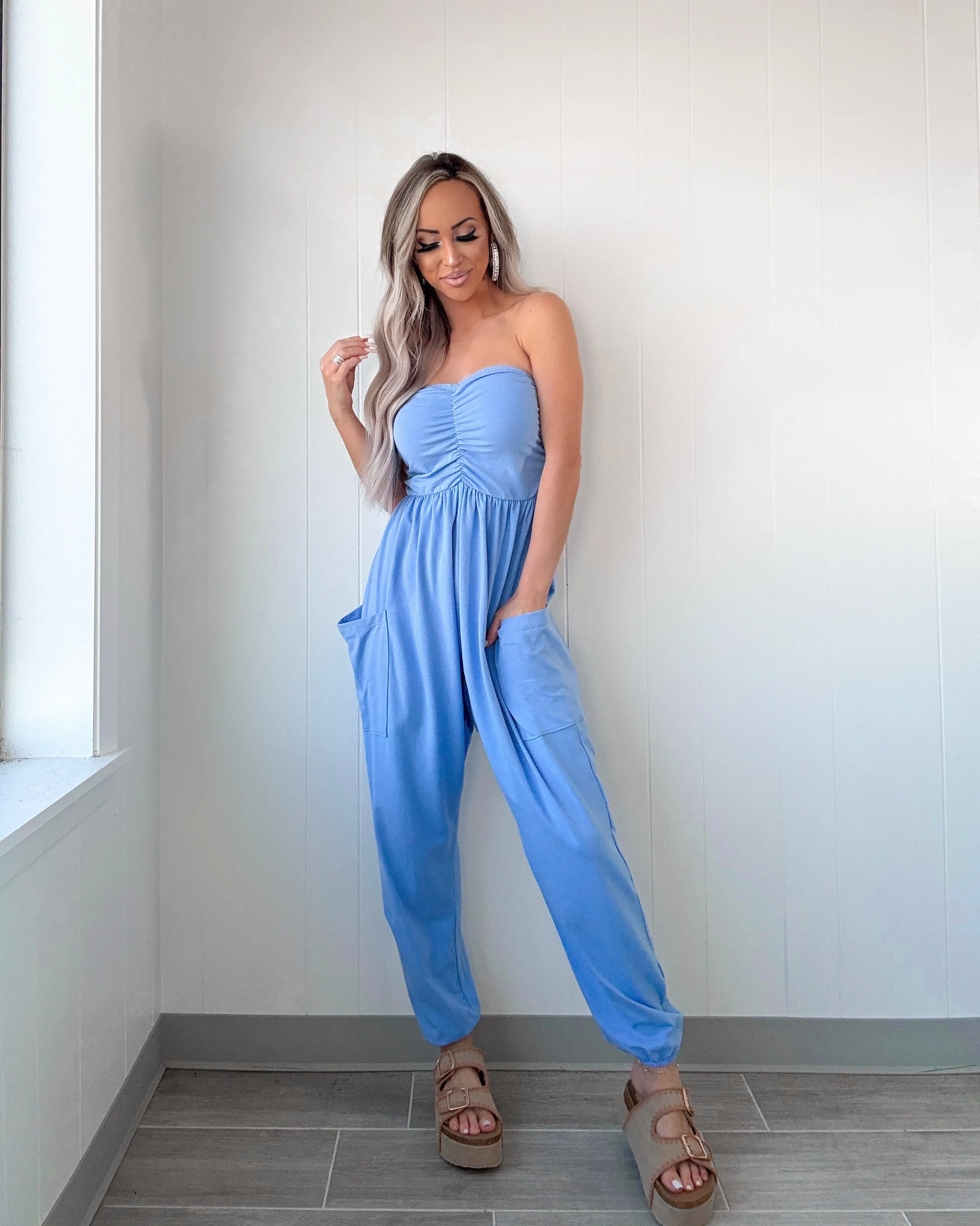 Sweetheart Ruched Jogger Jumpsuit - Blue