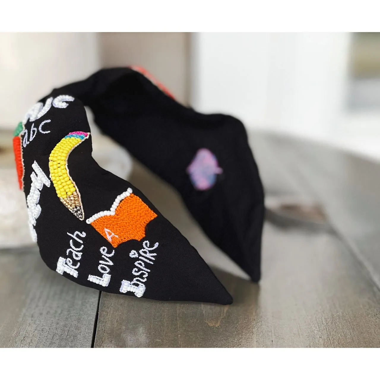 Teacher Seed Beaded Black Top Knot Headband