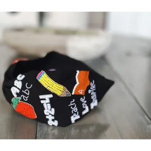 Teacher Seed Beaded Black Top Knot Headband