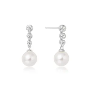 Tennis Beaded Stone Pearl Drop Earrings in Sterling Silver