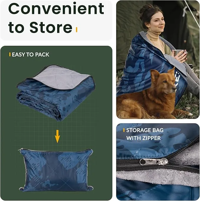 Titanker Outdoor Picnic Blankets, Camping Blanket Waterproof Blanket and Outdoor Pillow 2-in-1, 83''X 55'' Car Blanket with Storage Bag, Stadium Blanket for Hiking, Camping, Camo Blue