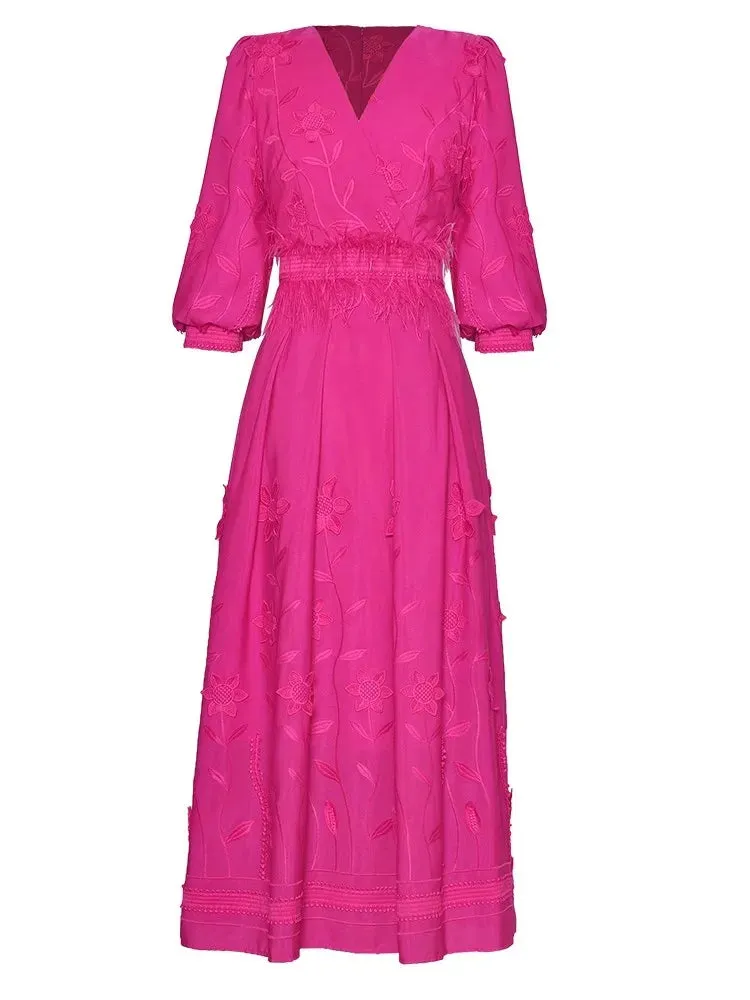 Unique V-Neck Lantern Sleeve Feathers Patchwork Elegant Party Dress