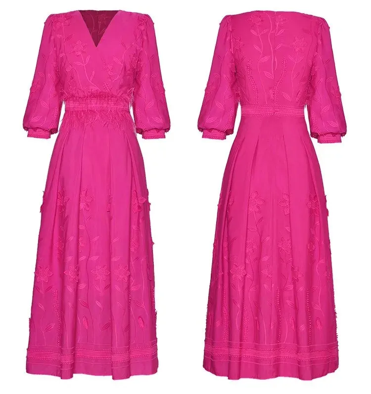 Unique V-Neck Lantern Sleeve Feathers Patchwork Elegant Party Dress