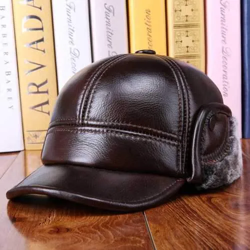Unisex Cowhide Genuine Leather Earflaps Ear Muff Baseball Hat Velvet Linen Pilot Trapper Cap