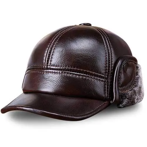 Unisex Cowhide Genuine Leather Earflaps Ear Muff Baseball Hat Velvet Linen Pilot Trapper Cap