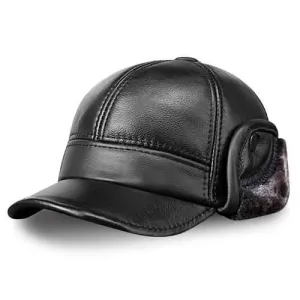 Unisex Cowhide Genuine Leather Earflaps Ear Muff Baseball Hat Velvet Linen Pilot Trapper Cap