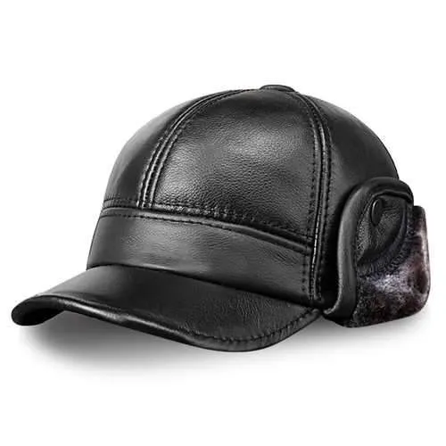 Unisex Cowhide Genuine Leather Earflaps Ear Muff Baseball Hat Velvet Linen Pilot Trapper Cap