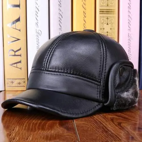 Unisex Cowhide Genuine Leather Earflaps Ear Muff Baseball Hat Velvet Linen Pilot Trapper Cap