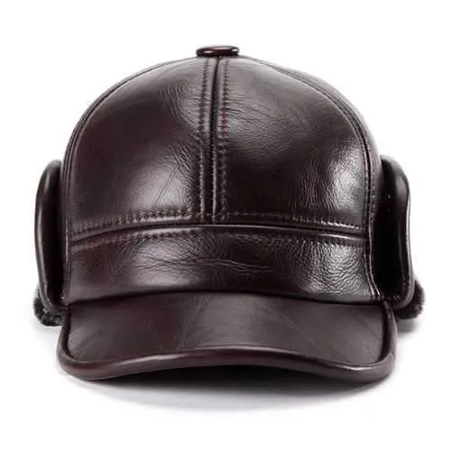 Unisex Cowhide Genuine Leather Earflaps Ear Muff Baseball Hat Velvet Linen Pilot Trapper Cap