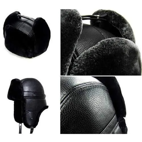 Unisex PU Leather Earflap Ear Muff Hat Faux Fur Plush Linen Buckle Pilot Trapper Cap