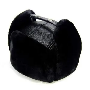 Unisex PU Leather Earflap Ear Muff Hat Faux Fur Plush Linen Buckle Pilot Trapper Cap