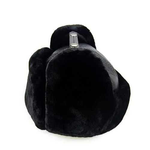 Unisex PU Leather Earflap Ear Muff Hat Faux Fur Plush Linen Buckle Pilot Trapper Cap