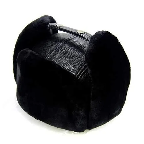 Unisex PU Leather Earflap Ear Muff Hat Faux Fur Plush Linen Buckle Pilot Trapper Cap
