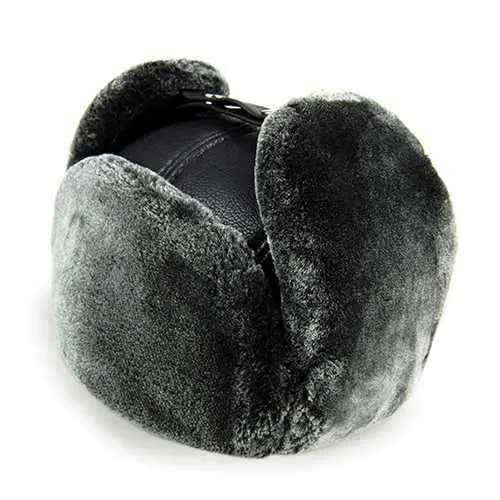 Unisex PU Leather Earflap Ear Muff Hat Faux Fur Plush Linen Buckle Pilot Trapper Cap