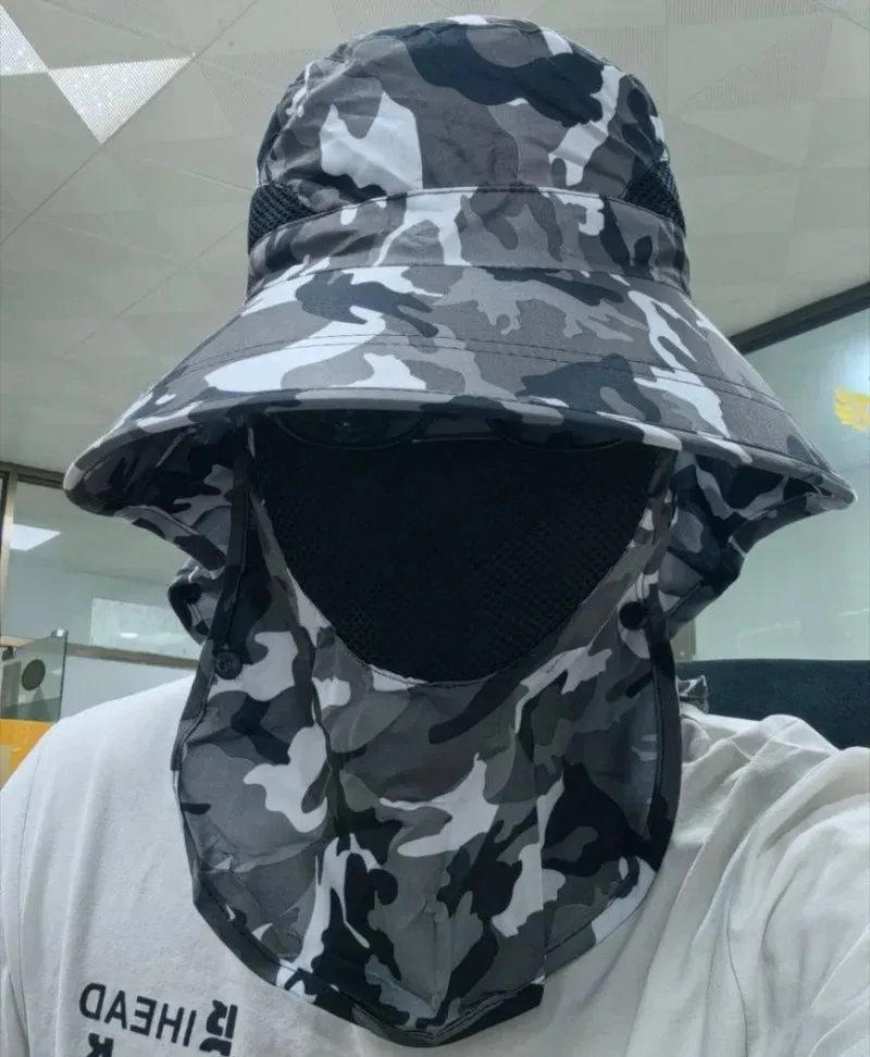 UPF50  Fishing hat Sun shading large eaves mountain climbing mask mesh breathable outdoor UV protection detachable full face