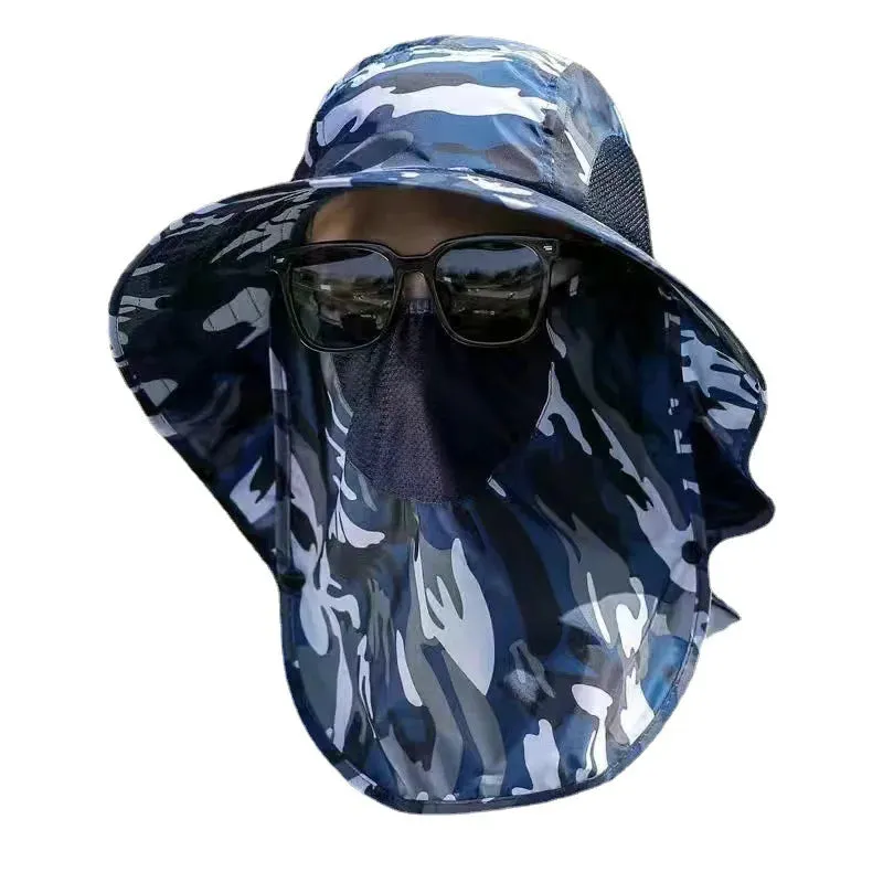 UPF50  Fishing hat Sun shading large eaves mountain climbing mask mesh breathable outdoor UV protection detachable full face