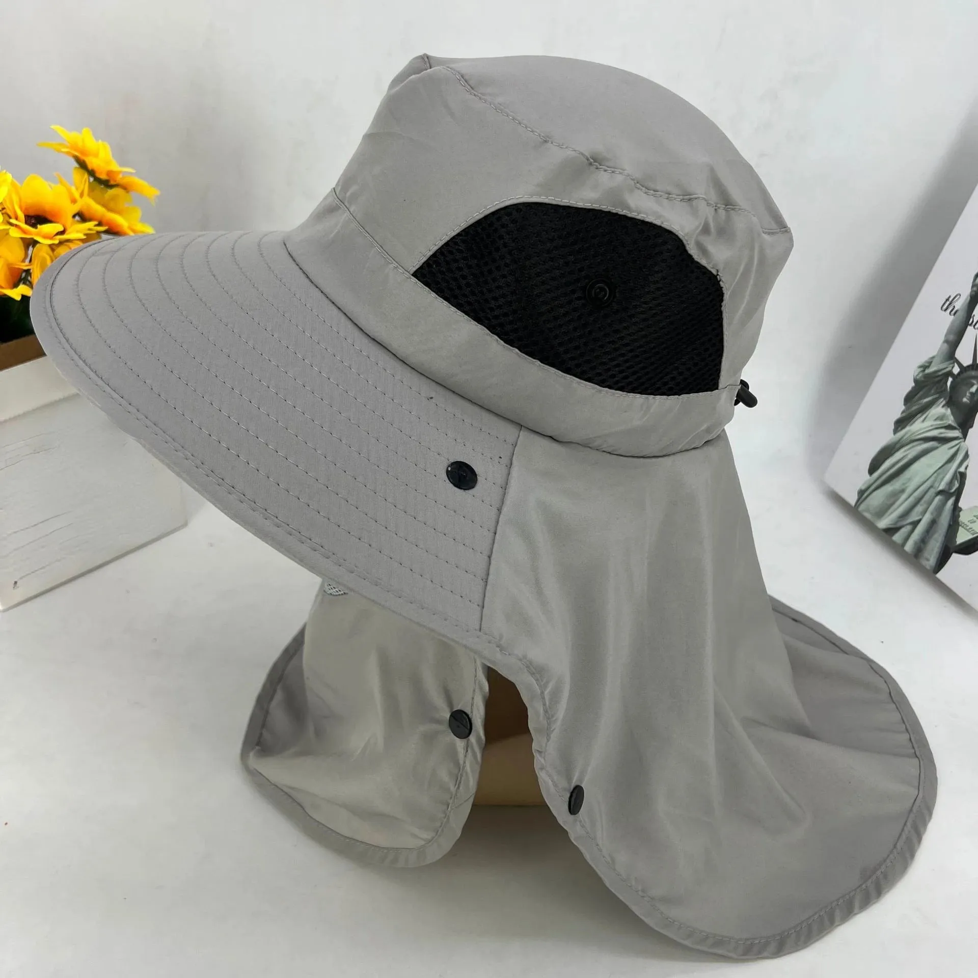 UPF50  Fishing hat Sun shading large eaves mountain climbing mask mesh breathable outdoor UV protection detachable full face