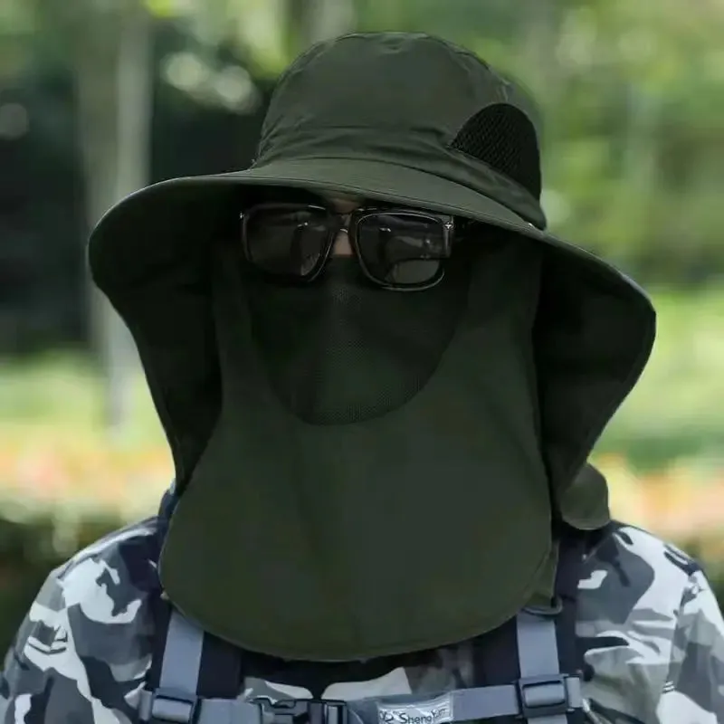 UPF50  Fishing hat Sun shading large eaves mountain climbing mask mesh breathable outdoor UV protection detachable full face