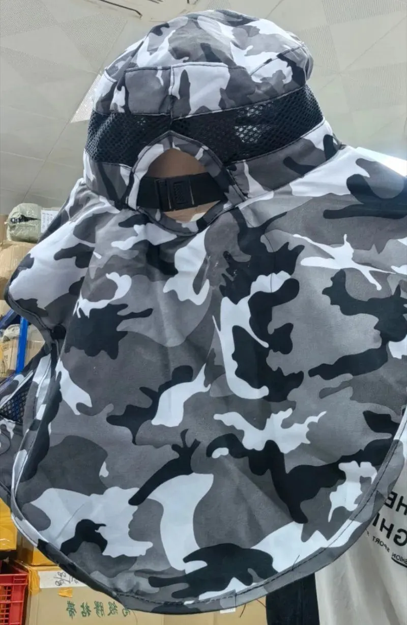 UPF50  Fishing hat Sun shading large eaves mountain climbing mask mesh breathable outdoor UV protection detachable full face
