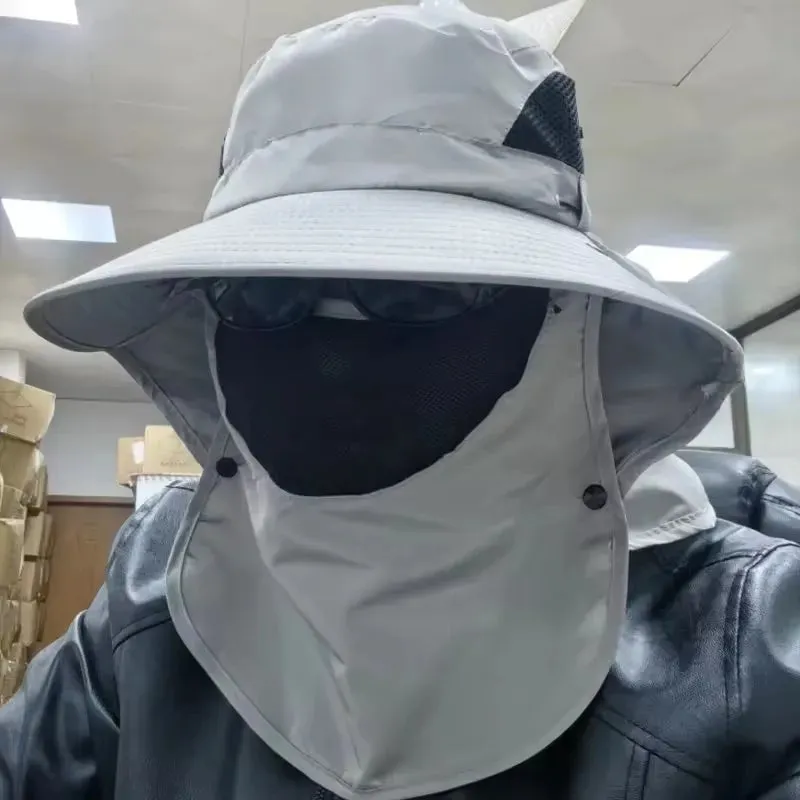 UPF50  Fishing hat Sun shading large eaves mountain climbing mask mesh breathable outdoor UV protection detachable full face