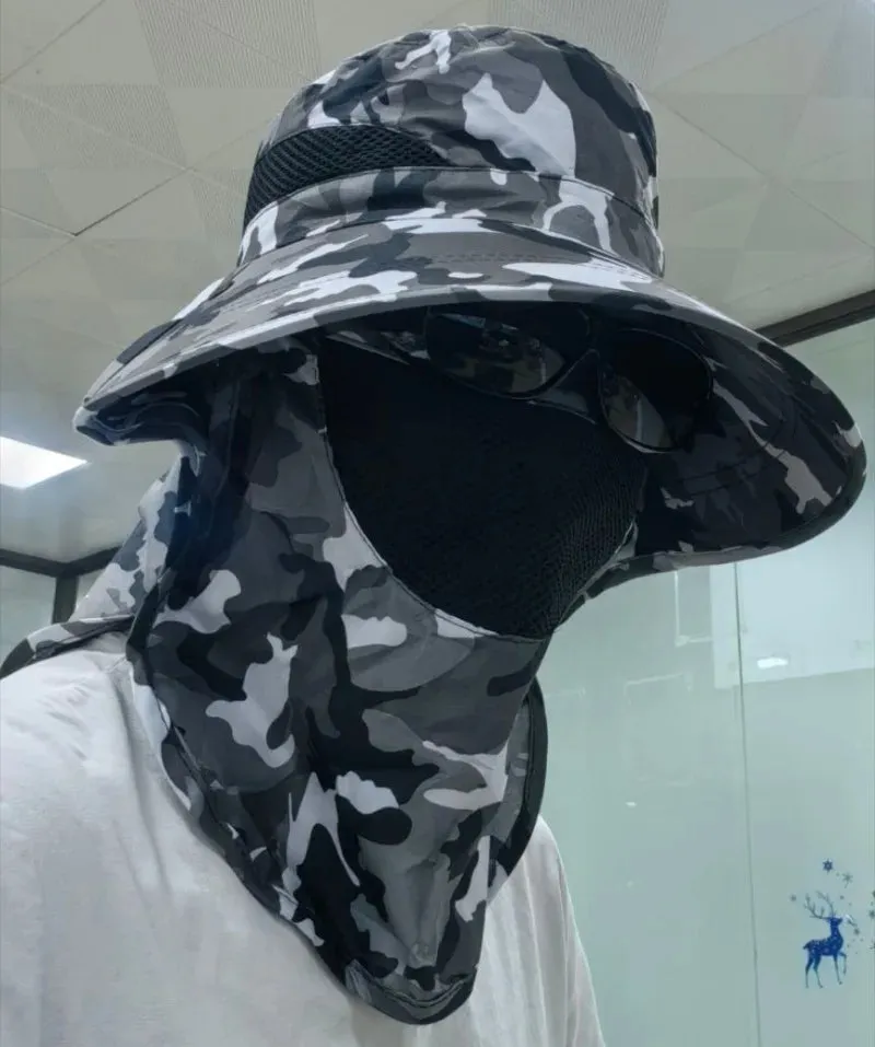 UPF50  Fishing hat Sun shading large eaves mountain climbing mask mesh breathable outdoor UV protection detachable full face