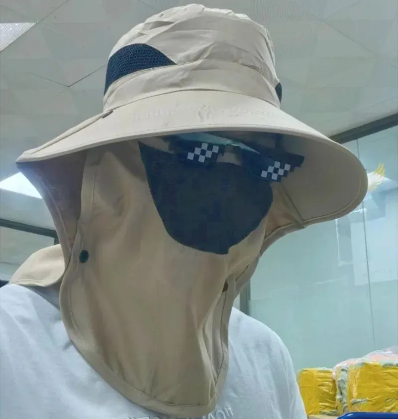 UPF50  Fishing hat Sun shading large eaves mountain climbing mask mesh breathable outdoor UV protection detachable full face