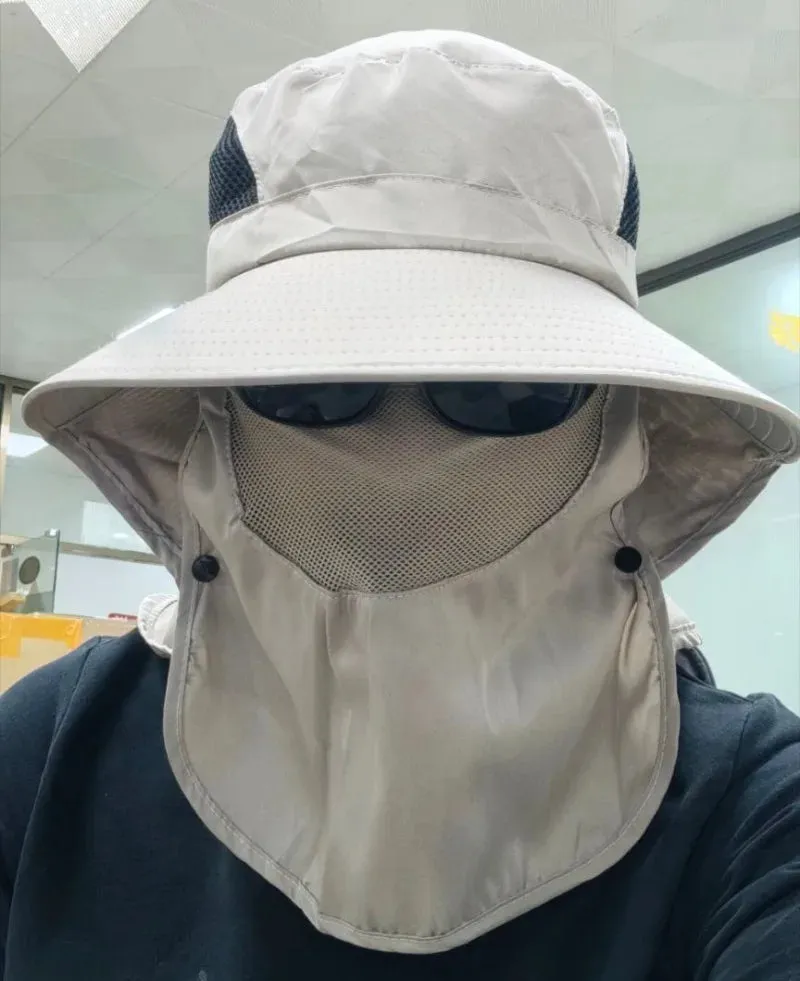UPF50  Fishing hat Sun shading large eaves mountain climbing mask mesh breathable outdoor UV protection detachable full face