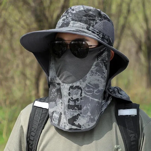 UPF50  Fishing hat Sun shading large eaves mountain climbing mask mesh breathable outdoor UV protection detachable full face