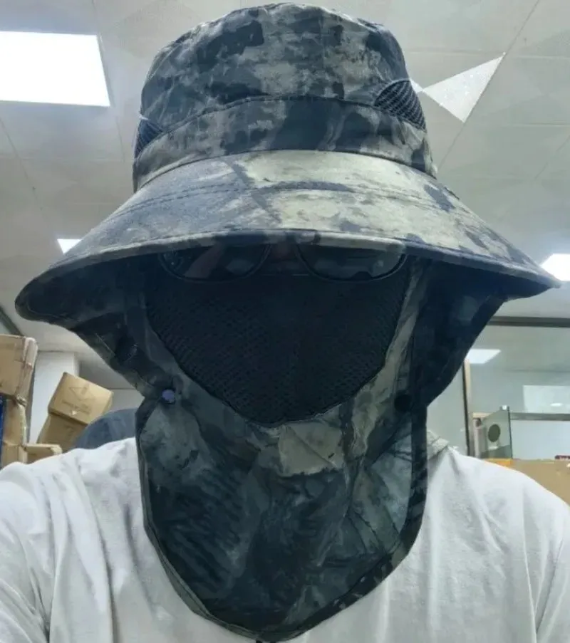 UPF50  Fishing hat Sun shading large eaves mountain climbing mask mesh breathable outdoor UV protection detachable full face