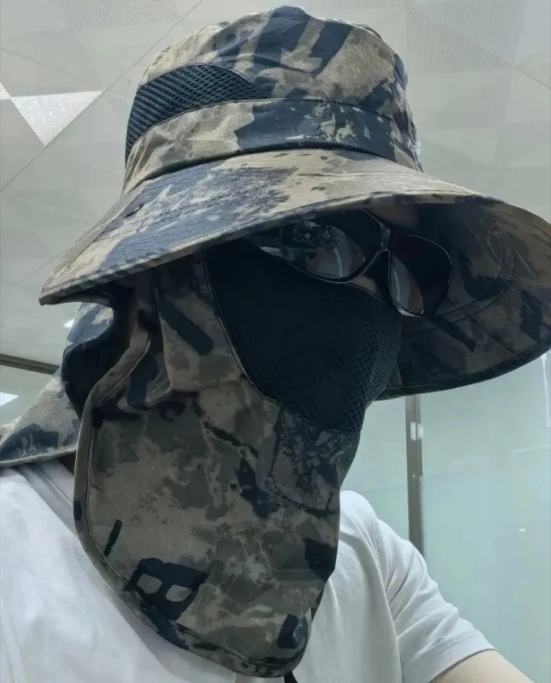 UPF50  Fishing hat Sun shading large eaves mountain climbing mask mesh breathable outdoor UV protection detachable full face
