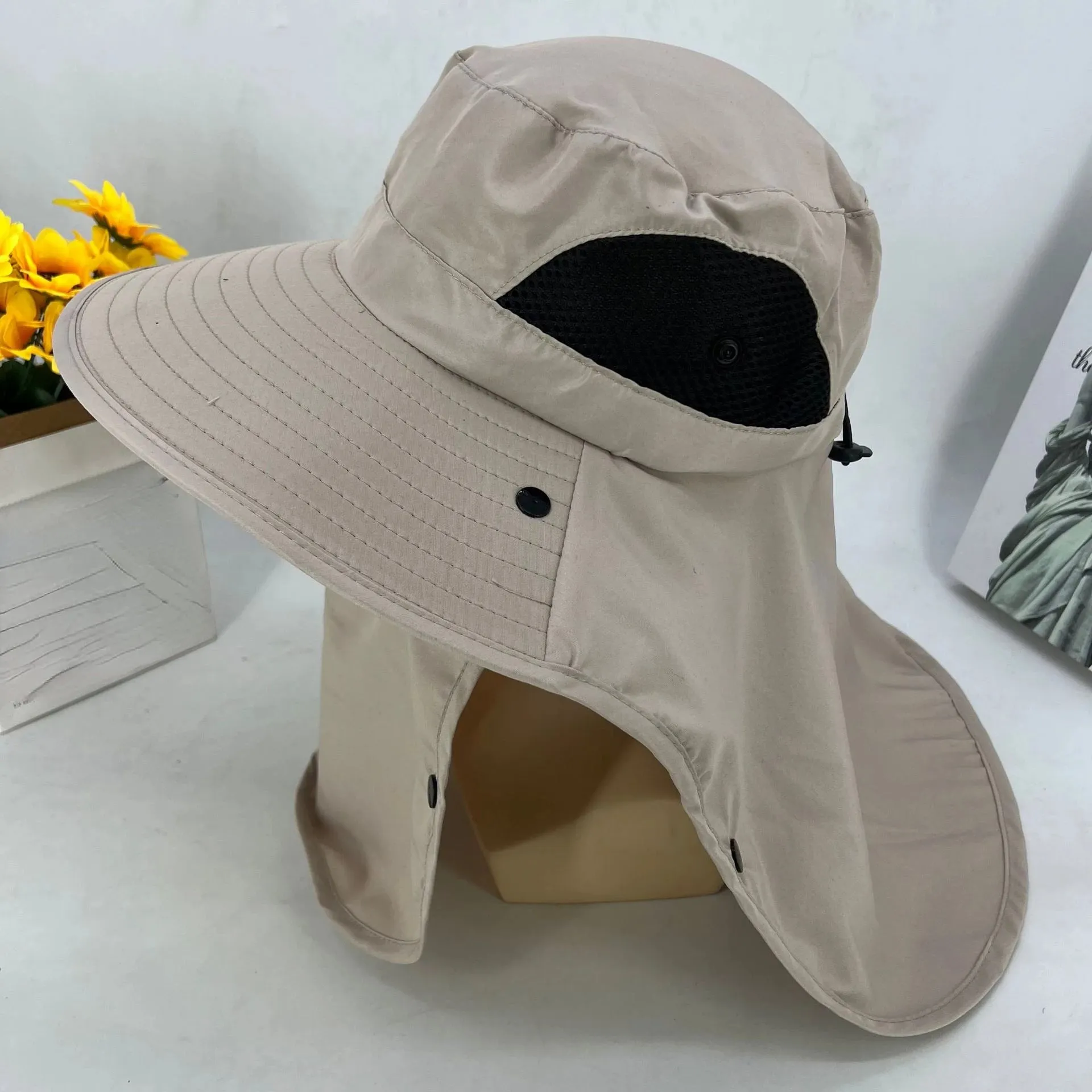 UPF50  Fishing hat Sun shading large eaves mountain climbing mask mesh breathable outdoor UV protection detachable full face