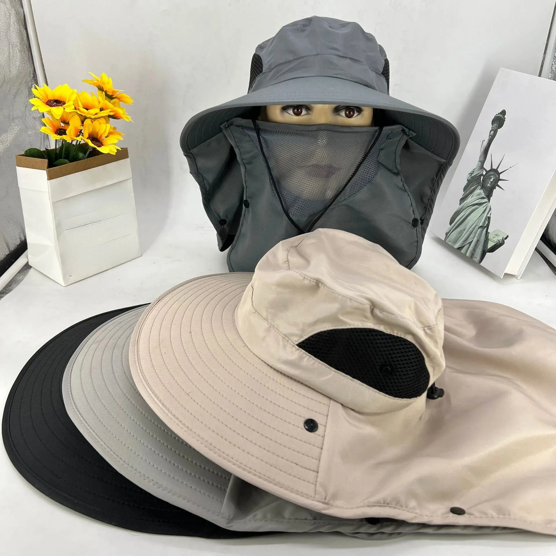 UPF50  Fishing hat Sun shading large eaves mountain climbing mask mesh breathable outdoor UV protection detachable full face