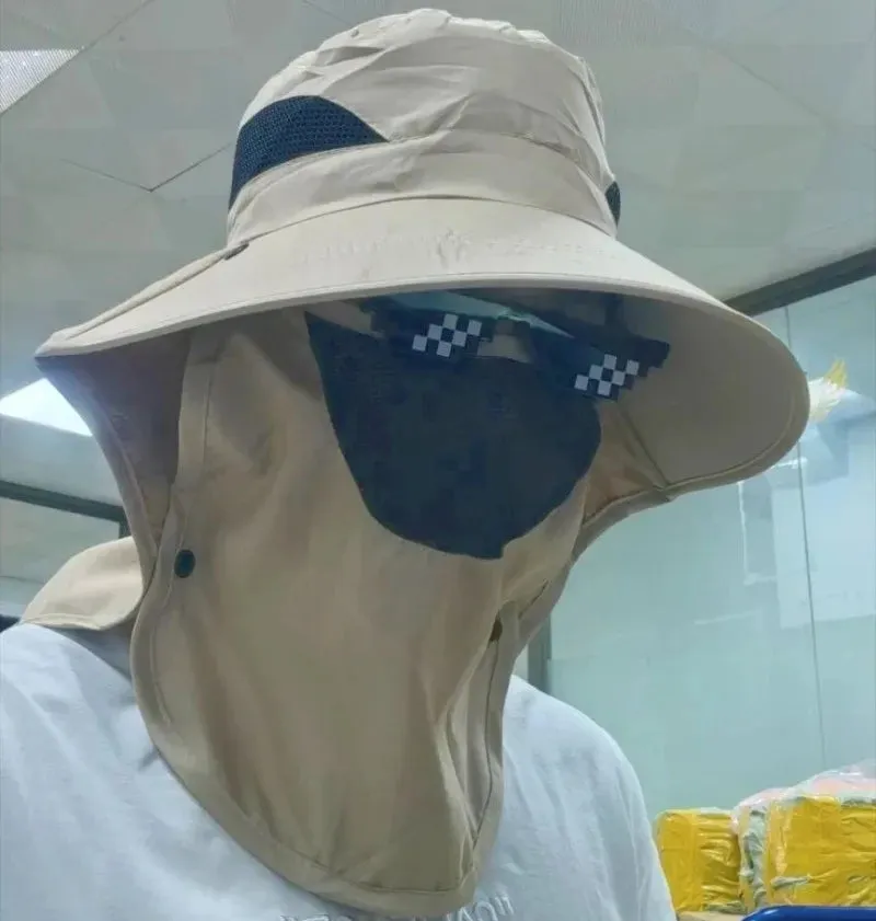 UPF50  Fishing hat Sun shading large eaves mountain climbing mask mesh breathable outdoor UV protection detachable full face