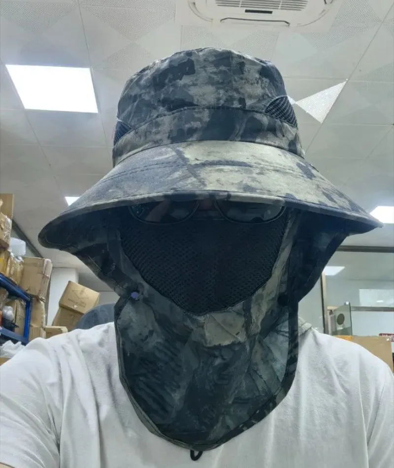 UPF50  Fishing hat Sun shading large eaves mountain climbing mask mesh breathable outdoor UV protection detachable full face