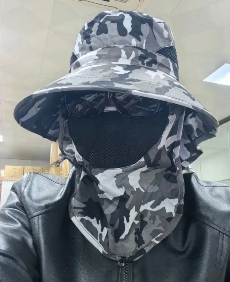 UPF50  Fishing hat Sun shading large eaves mountain climbing mask mesh breathable outdoor UV protection detachable full face