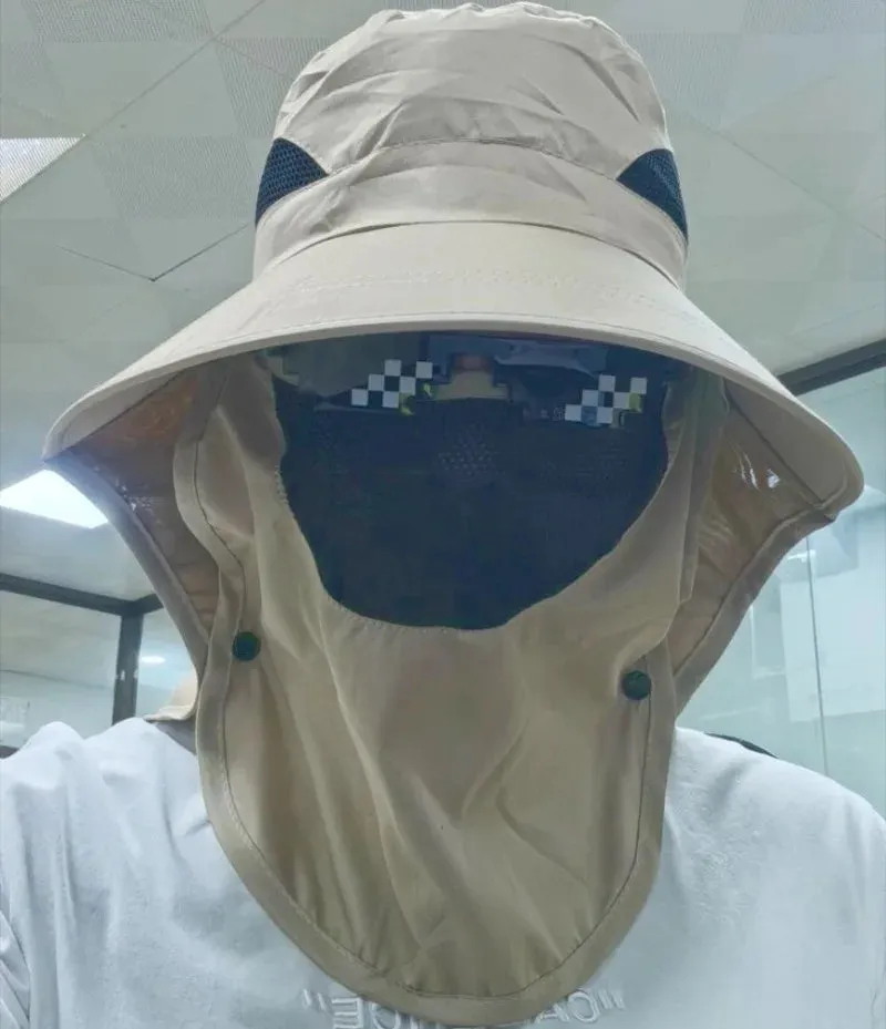 UPF50  Fishing hat Sun shading large eaves mountain climbing mask mesh breathable outdoor UV protection detachable full face