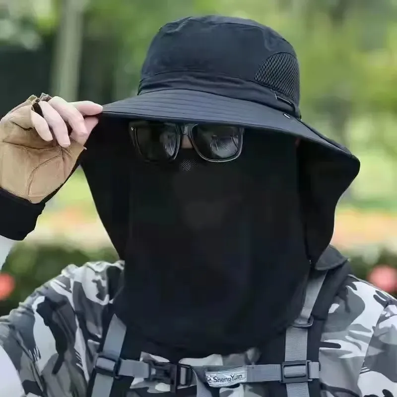 UPF50  Fishing hat Sun shading large eaves mountain climbing mask mesh breathable outdoor UV protection detachable full face