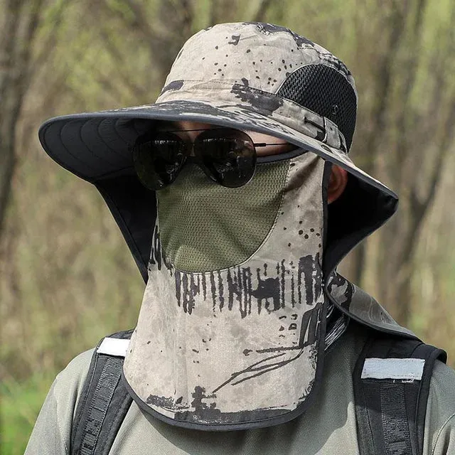 UPF50  Fishing hat Sun shading large eaves mountain climbing mask mesh breathable outdoor UV protection detachable full face