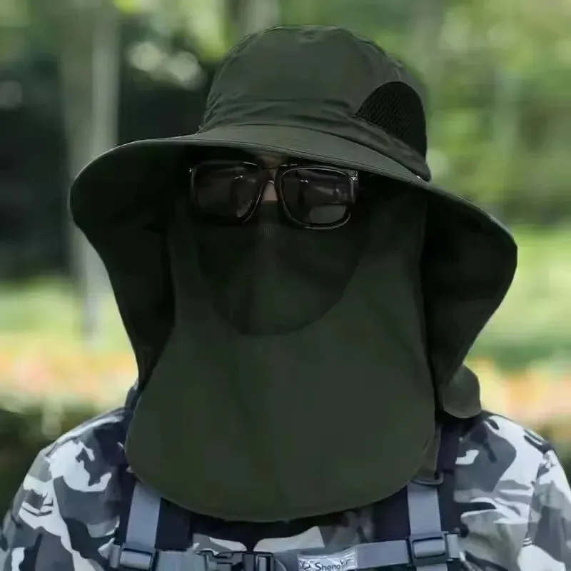 UPF50  Fishing hat Sun shading large eaves mountain climbing mask mesh breathable outdoor UV protection detachable full face