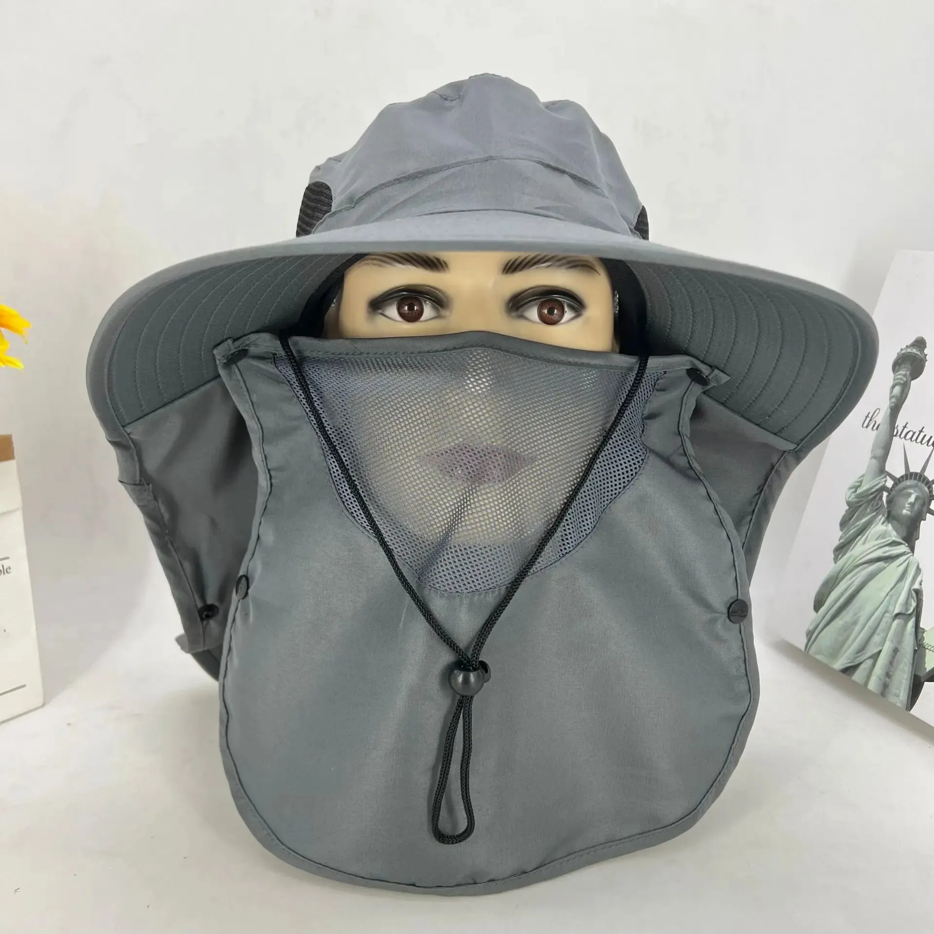 UPF50  Fishing hat Sun shading large eaves mountain climbing mask mesh breathable outdoor UV protection detachable full face